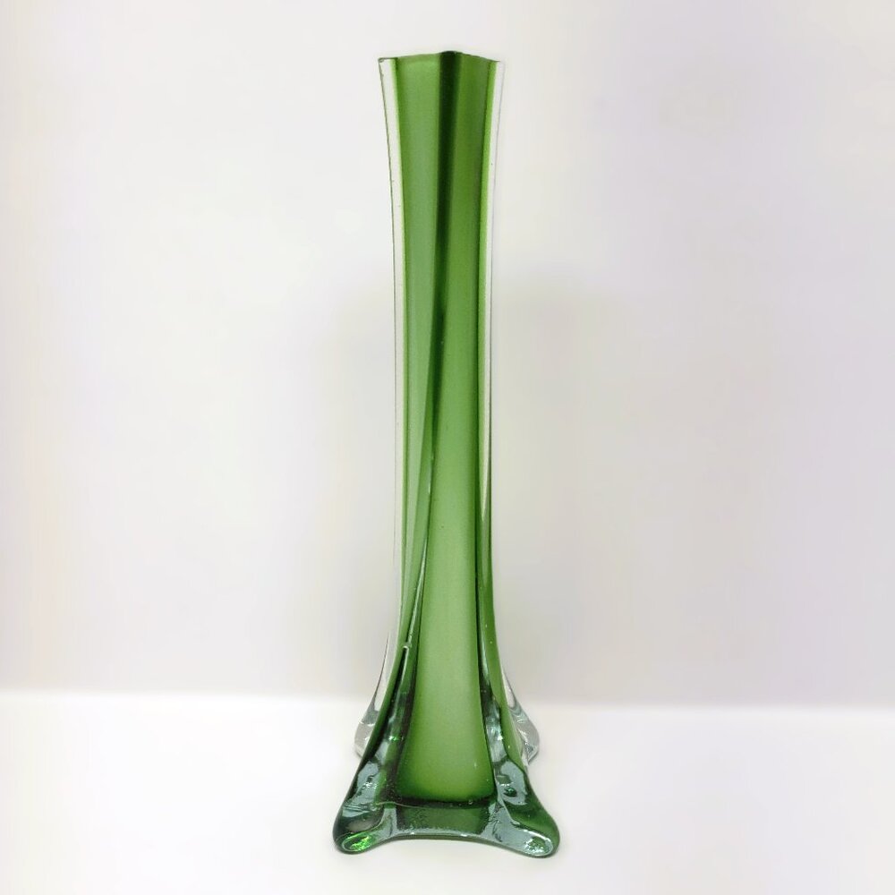 Green Twisted Bud Vase 8" Swung Clear Cased Blown Art Glass MCM Retro Striped